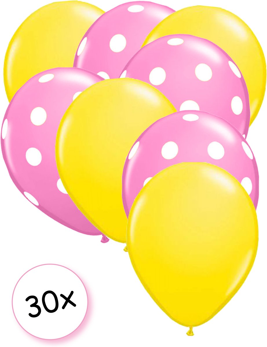 Ballonnen Geel & Dots Roze-Wit 30 stuks 27 cm